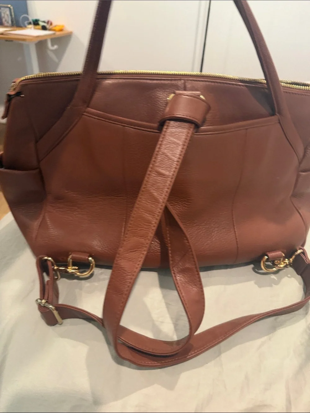 Brown Leather Diaper/backpack Handbag with Dual Front Pockets Lily Jade